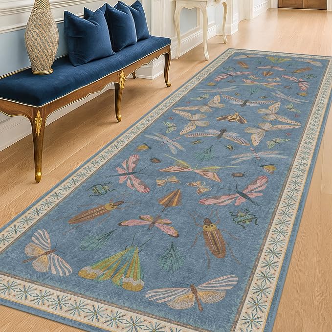 Washable Blue Insect Runner Rug 2'6''x12' - Image 3