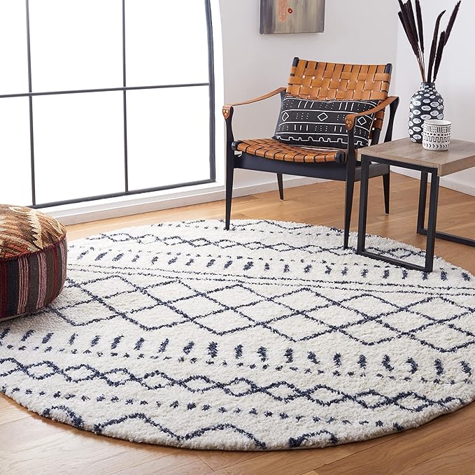 SAFAVIEH Arizona Shag Collection 6'7" Round Ivory/Slate ASG741M Moroccan Non-Shedding Entryway Foyer Living Room Bedroom Kitchen 1.2-inch Thick Area Rug