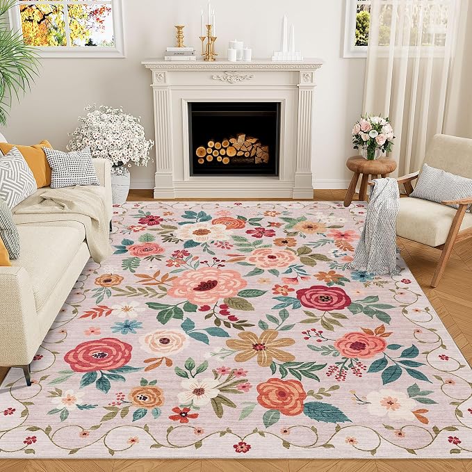 DUKINO 6x9 Area Rugs, Floral Washable Rug by DUKINO