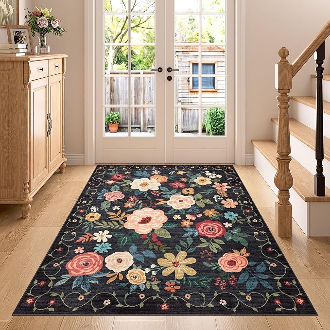 DUKINO 4x5 Area Rug for Entryway, Soft Floral Washable Rug Non Slip, by DUKINO