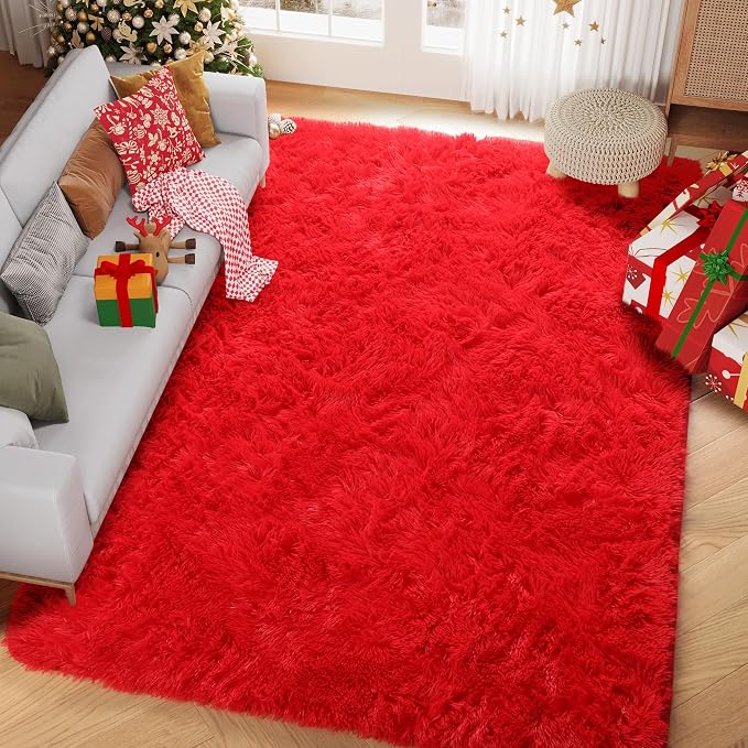 Soft Modern Red Area Rug, 4x6 Feet, Shaggy Indoor Rug - Image 8