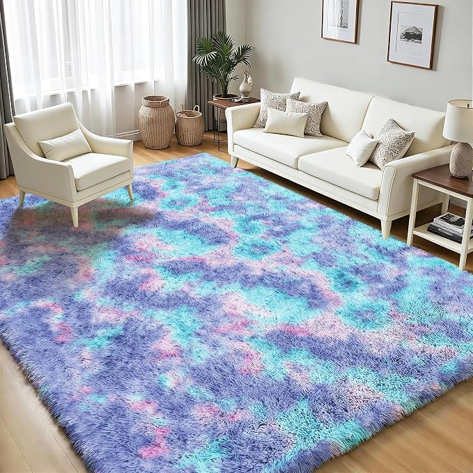 PLHXFR 9x12 Area Rugs Living Room: Fluffy Bedroom Soft Shag Rug Kid Rainbow | - Image 7