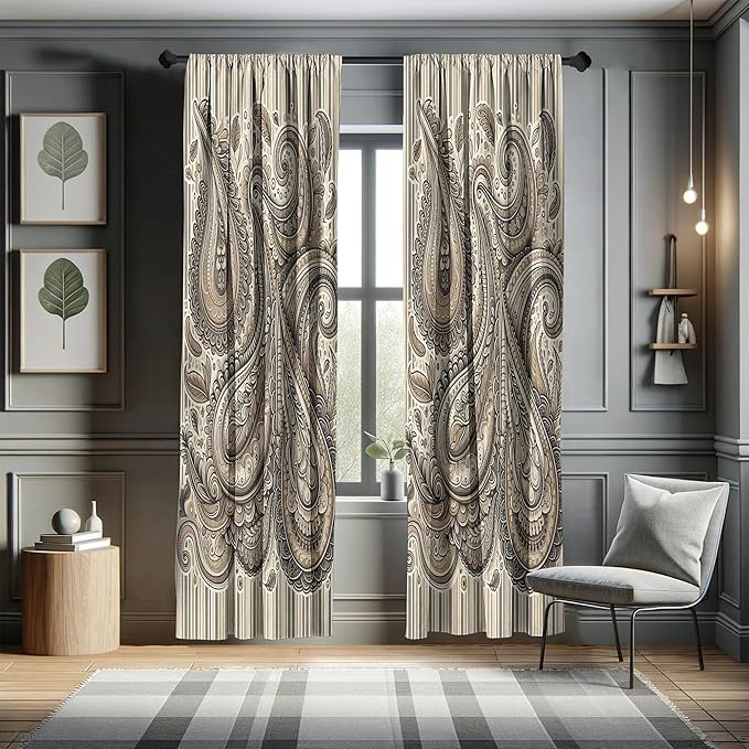 Ambesonne Paisley Window Curtains Pack of 2, Delicate Bohemian Leafy Motives on Stripes in Neutral Muted Colors, Lightweight Set with Rod Pocket, 4 Panels of - 28" x 95", Warm Taupe Ivory and Sepia