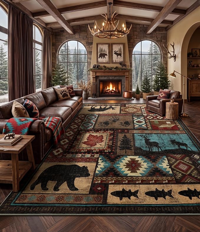 Rustic Cabin Rugs for Living Room 10x14, Wildlife Bear & Deer Area Rug by YIHOUSE