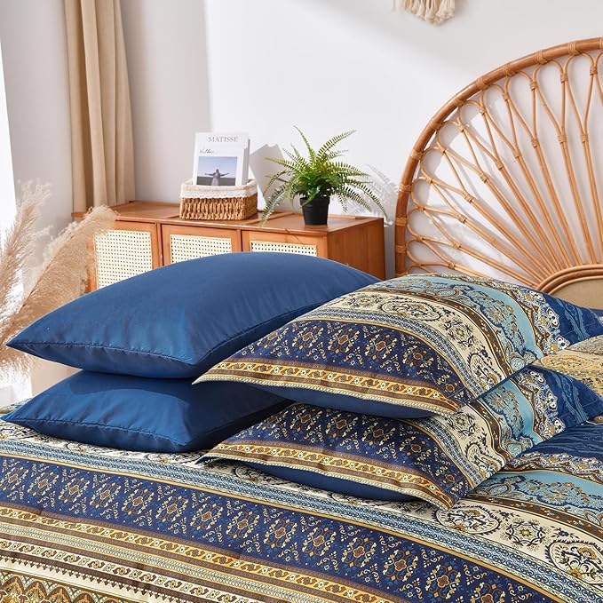 Cottolester Boho King Comforter Set 8 Pieces,Brown Blue Bohemian Comforter Paisley Striped Bed in A Bag,Soft Microfiber Bedding Set for All Season