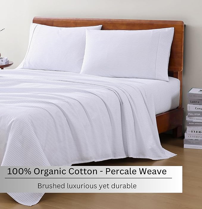 LANE LINEN 100% Organic Cotton Printed California King Sheets Set, 4-Piece All Season Fully Elasticized Deep Pocket Fits Mattress Upto 15", Mercerized Printed Cal King Sheet Set -Ticking Stripe Blue