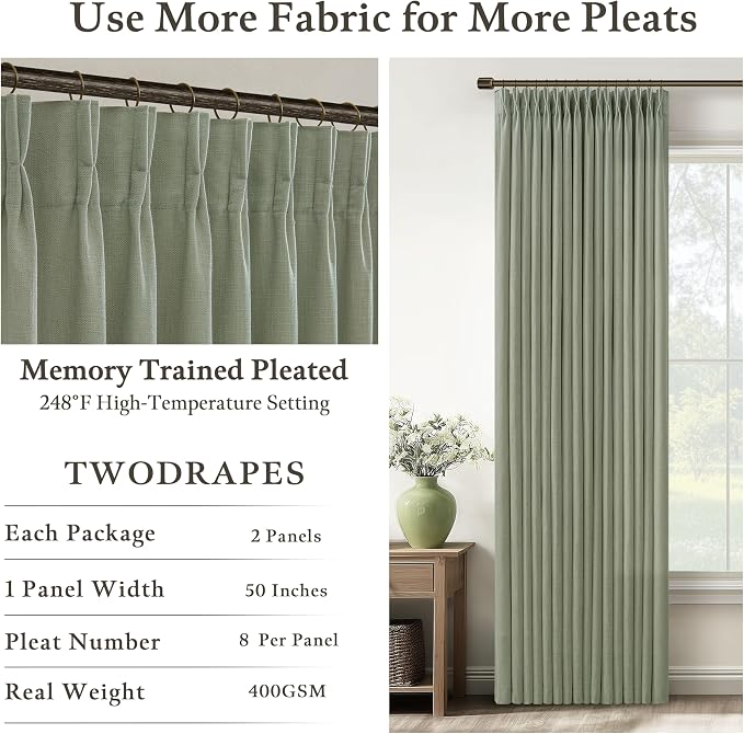 Sage Green 63 Inch Semi Sheer Memory Trained Pleated Linen Curtains 50x63 | - Image 4