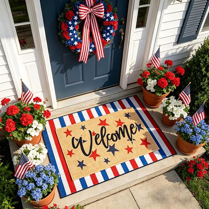 2 Pcs Patriotic Door Mat Set for 4th of July Front Porch Decor, Layered by Unknown