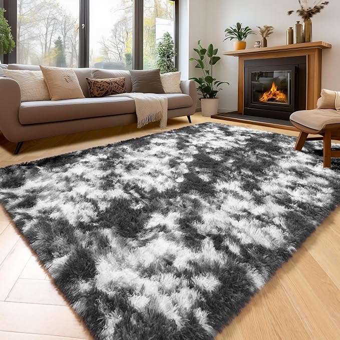 Amdrebio Black White Grey Large Furry Rug 9x12 - Image 8