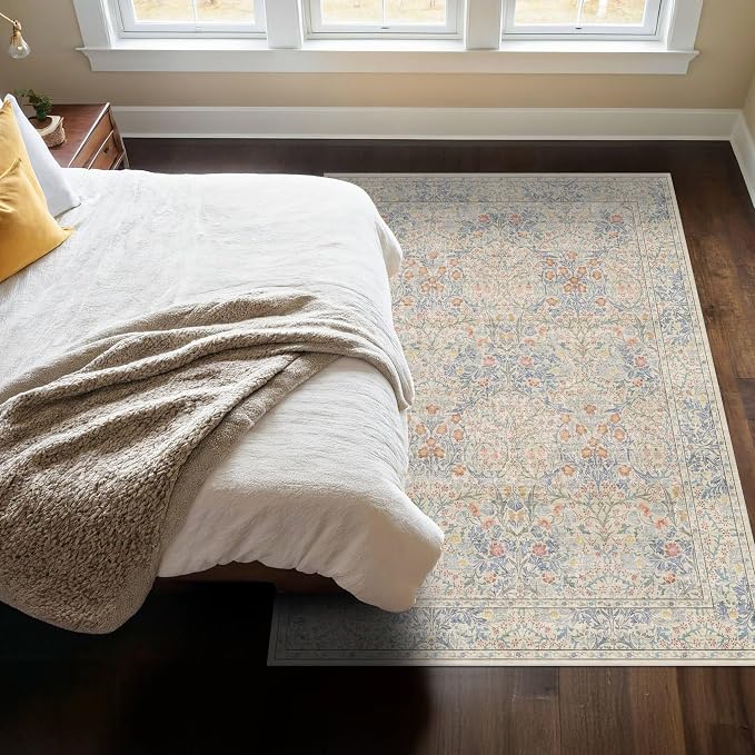 Vintage Washable Beige Blue Area Rugs by HazoHaus