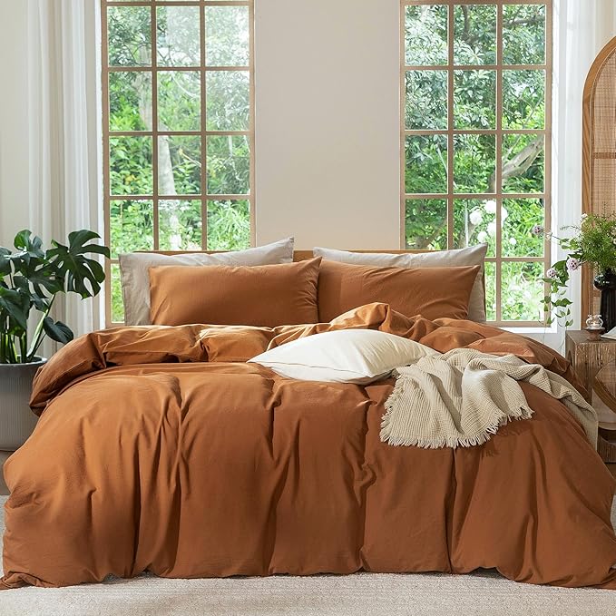 MooMee Bedding Duvet Cover Set 100% Washed Cotton Linen Like Textured Breathable Durable Soft Comfy (Solid Dark Orange, Full 80"x90")