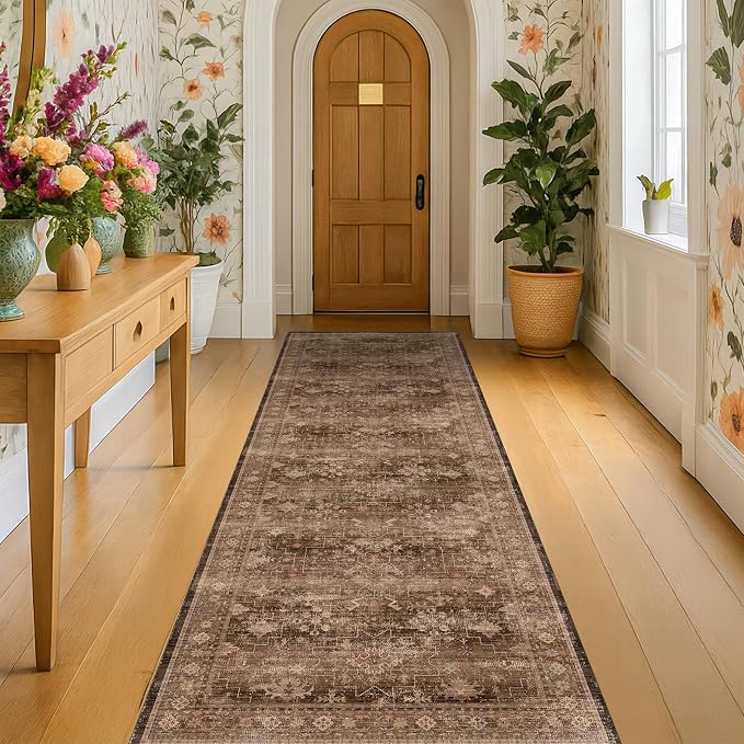 Brown Washable Long Runners for Hallways, Entryway Indoor Rug, Non Slip Rubber by HazoHaus
