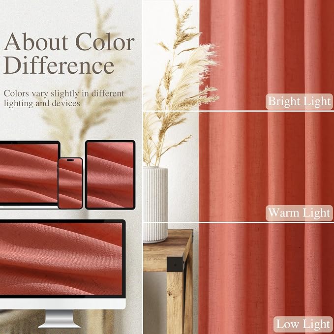 Coral Linen Curtains 90 Inch Length 2 Panel Set Back Tab Rod Pocket Semi Sheer - Image 3