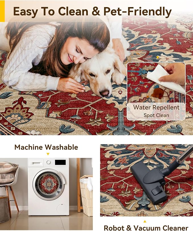 RELEANY Washable Area Rug, Round 7ft, Water Repellent, Pet Friendly, Vintage - Image 4