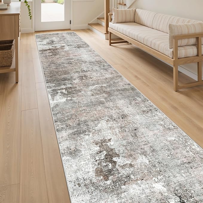 Soalmost Abstract Runner Rug 2x12 Hallway Kitchen Runners Pink/Grey | Vintage - Image 3