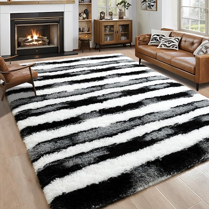 5x7 Black and White Fluffy Soft Area Rug Non-Slip by ModernHomeDecor