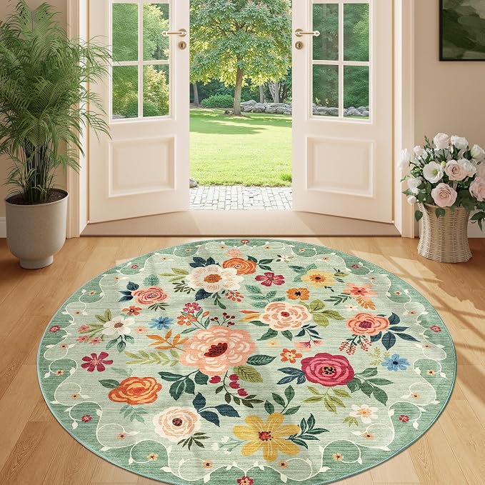 DUKINO 5ft Round Rug, Non Slip Floral Washable Small Circle Rug, Low Pile - Image 4