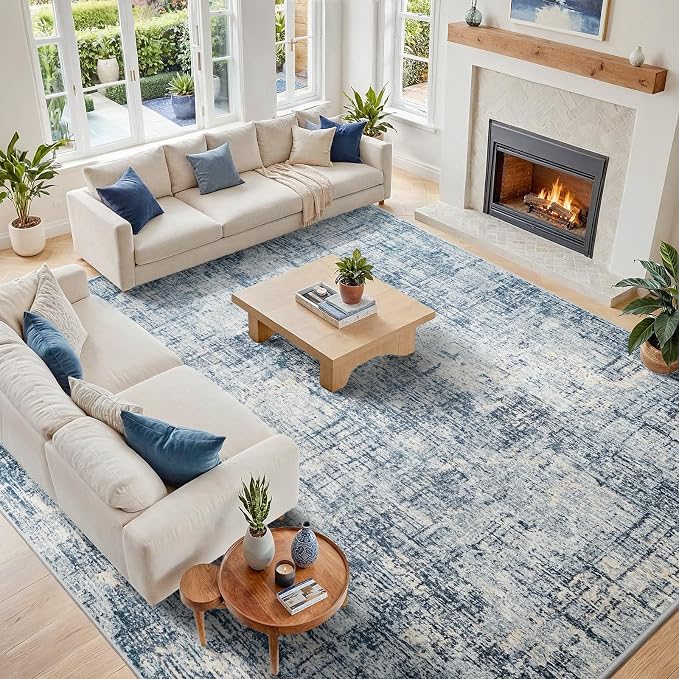10x14 Washable Area Rug for Living Room Bedroom: Non-Slip Modern Blue Gold | by Oriannal
