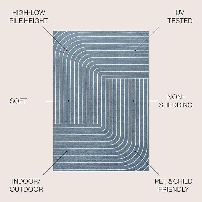 Eyely NCS101D-3 Odense High-Low Minimalist Angle Geometric Dark Blue/Cream 3 ft. x 5 ft. Indoor/Outdoor Area Rug, for Home, Backyard, Patio, Porch, Bedroom, Kitchen, Living Room
