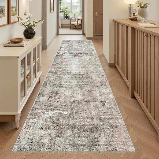 Soalmost Runner Rug 2'6"x8' Kitchen Hallway Runners Abstract Pink/Grey | - Image 2