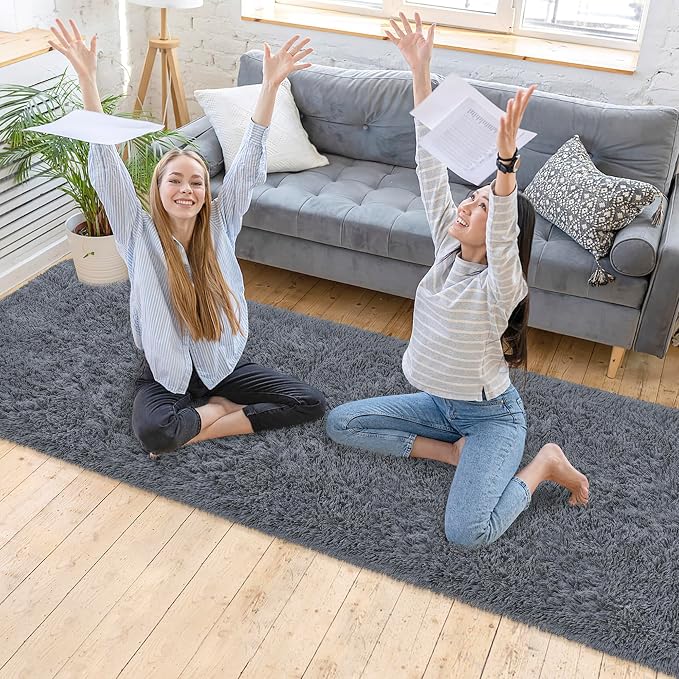 2x10 Bedside Area Rugs for Bedroom Soft Fluffy Shag Grey Rug for Hallway - Image 2