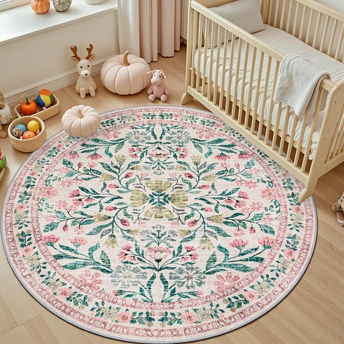 PLHXFR Round Area Rug Living Room: 4 ft Floral Washable Carpet Pink Green | - Image 5