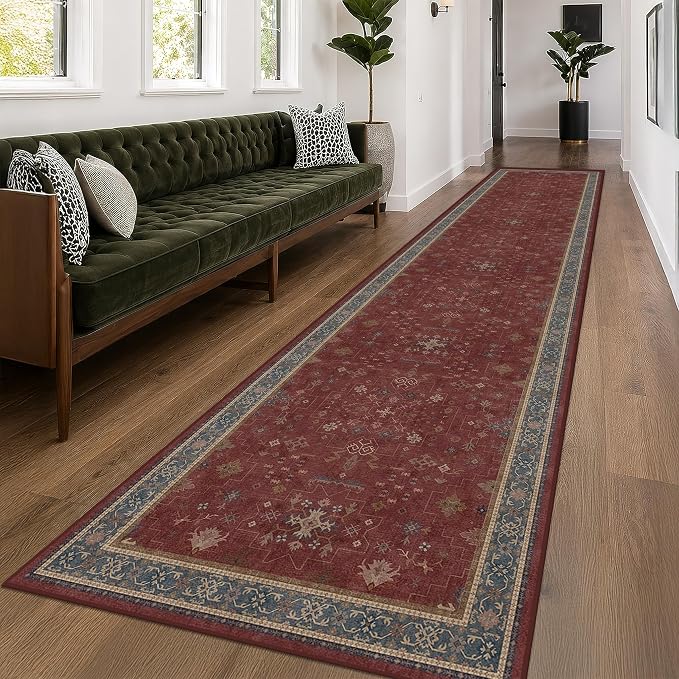 Boho Washable 3x16 Extra Long Hallway Runner Rug, Burgundy Waterproof Large - Image 3