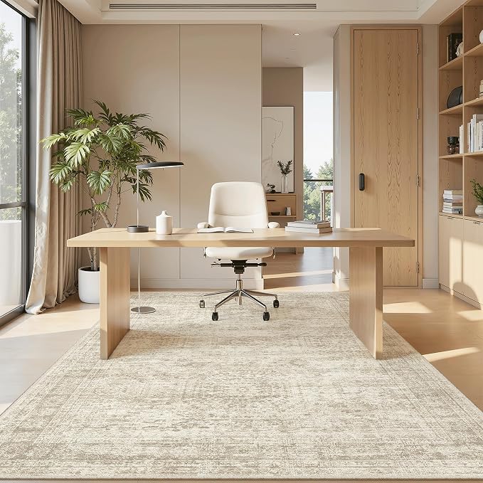 Soalmost 5x8 Area Rugs Beige Low Pile Washable Trendy Faded Style Rug | Vintage - Image 4