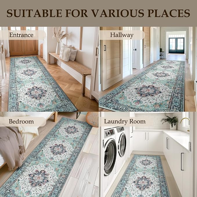 RELEANY Washable Area Rug, Runner 2'x10', Teal Green/White/Navy | Non-Slip - Image 3