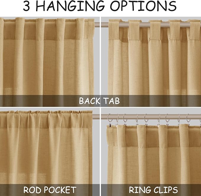 Gold Yellow Linen Curtains 96 Inches Long 2 Panels Set - Image 2