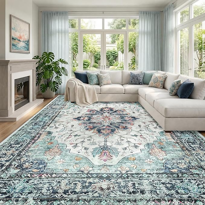 RELEANY Washable Area Rug, Large 9'x12', Teal Green/White/Navy | Non-Slip by RELEANY
