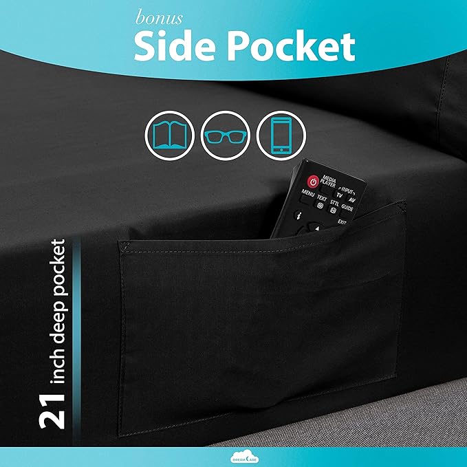 DREAMCARE King Size Sheets Set – 6 pcs Cooling Bed Sheets – up to 21” Deep Pocket King Sheet Set – 2500 Supreme Collection – Extra Soft 100% Brushed Microfiber Hotel Luxury with Side Pocket – Black