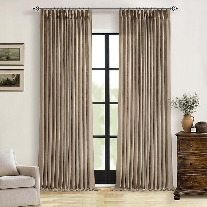 Farmhouse Pinch Pleated Tan Brown Linen Curtains 102 Inches Long | 102 Inch by Twodrapes