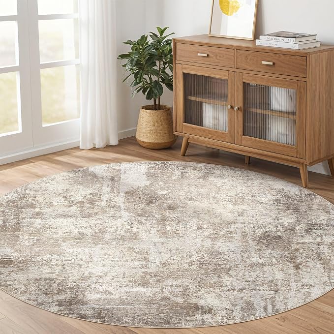 LOONGRUG Round Rug 5x5 Washable Neutral Modern Circle Area Rug Brown Beige | - Image 8