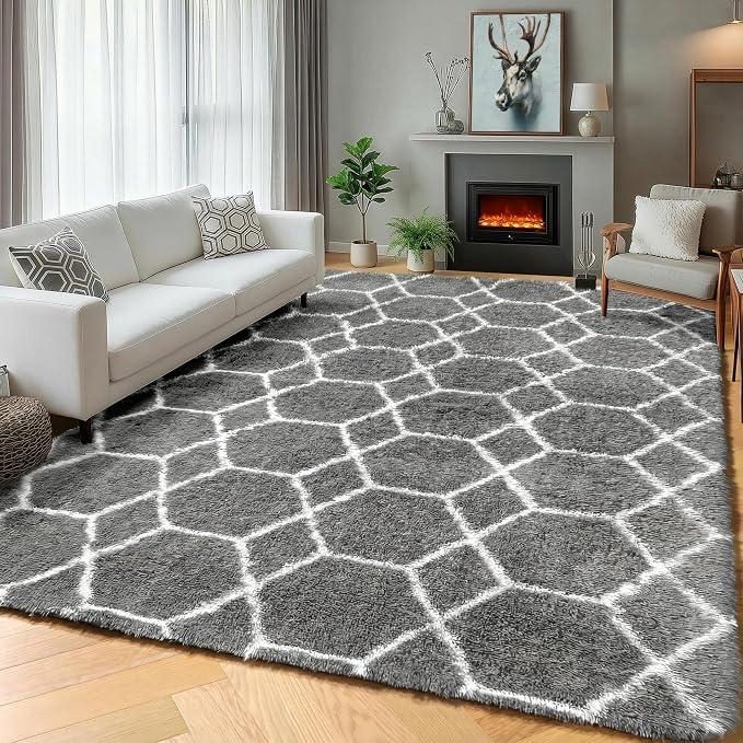 7x9 Area Rugs for Living Room Bedroom, Fluffy Grey and White Geometric Rug | - Image 7