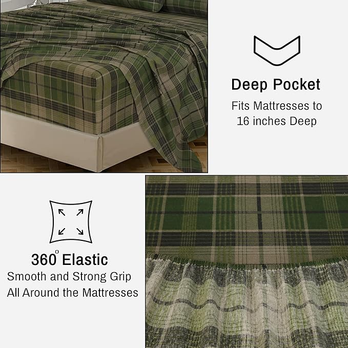 RUVANTI Flannel Sheets Split King Size - 100% Cotton Brushed Split King Bed Sheets Set, Deep Pockets 16 Inches, All Seasons Breathable & Extra Soft, Warm & Cozy, 5 Piece, DNA Plaid