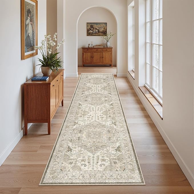 Madane Hallway Runner Rug 2x8 Washable Kitchen Rugs Non-Slip, Ivory/Brown | - Image 3