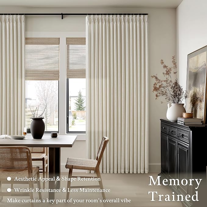 Semi Sheer Flax Linen Blend Pinch Pleat Beige Linen 72 Inch Curtains 50W | - Image 6