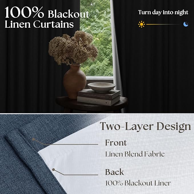 Dark Blue 96 Inch Pinch Pleated Blackout Memory Trained Linen Curtains | Memory - Image 5