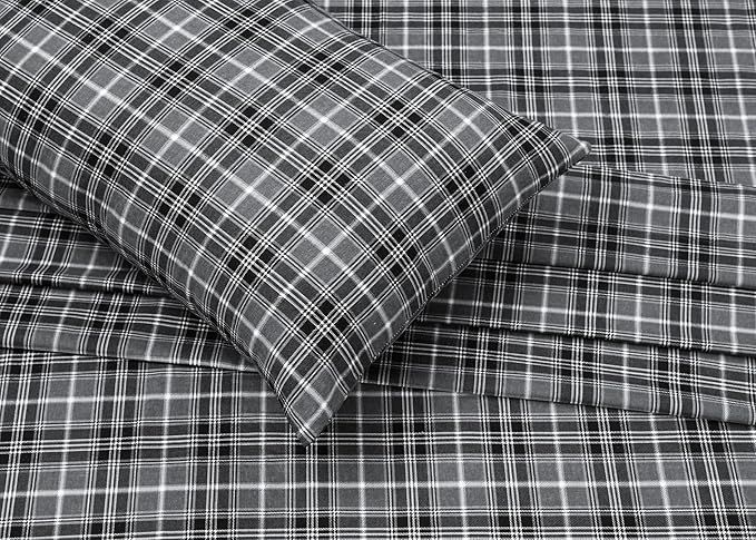 RUVANTI Flannel Sheets Twin XL Size - 100% Cotton Double Brushed Twin XL Sheet Sets, Deep Pockets 16 Inches, All Seasons Breathable & Extra Soft Bed Sheets, Warm & Cozy, 3 Piece, Grey Plaid