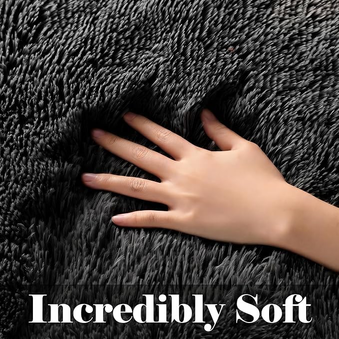 Black Area Rugs for Bedroom Living Room, Fluffy Fuzzy Shaggy 4x6 Bedside Rug - Image 2