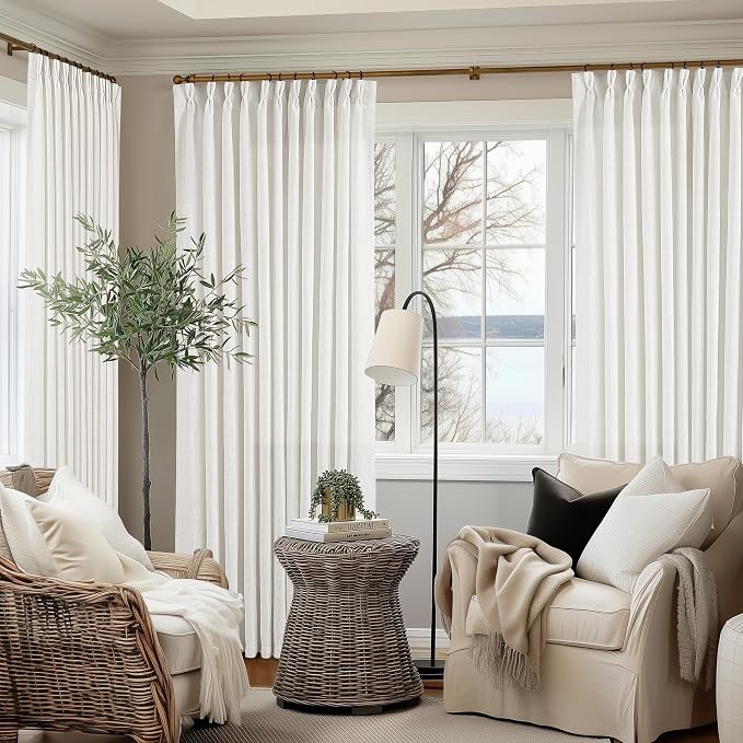 Beige White Pinch Pleat Semi Sheer Linen Curtain 70Wx102L 1 Panel | Light - Image 9