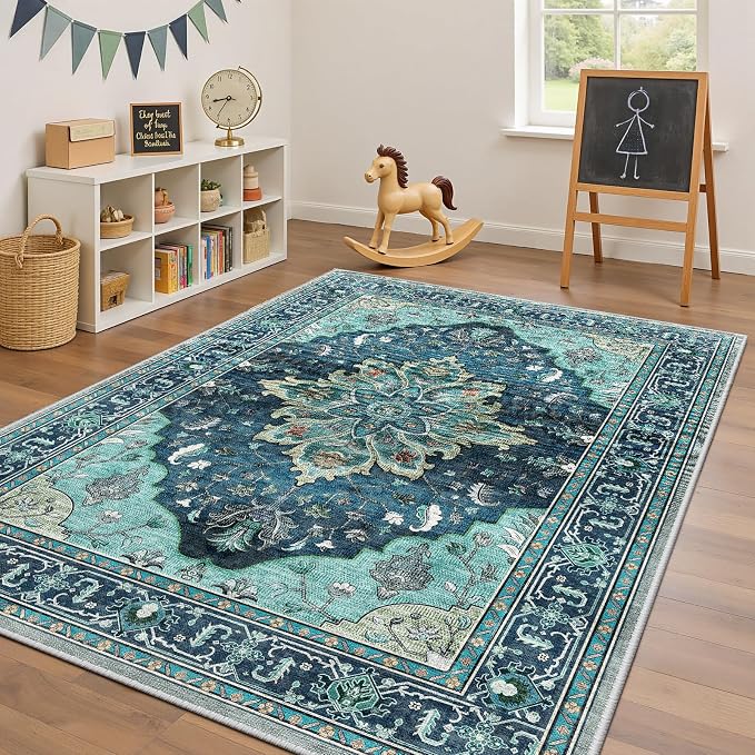 RELEANY Washable Area Rug, Teal | Non-Slip, Water Repellent, Pet Friendly - Image 5