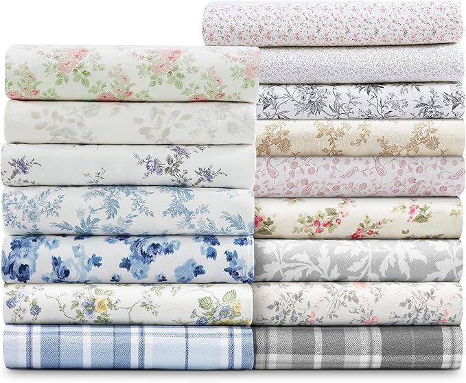 Laura Ashley - Flannel Sheets Full Size, Anti-Pilling & Wrinkle Resistant Cotton, Touchably Soft for All-Season Comfort - Bed Sheets with Matching Pillowcases & Fitted Sheet (Faye Toile Black)