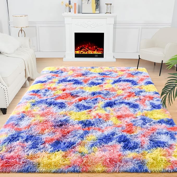 3x5 Tie-Dyed Blue Red Yellow Fluffy Soft Area Rug Non-Slip by ModernHomeDecor