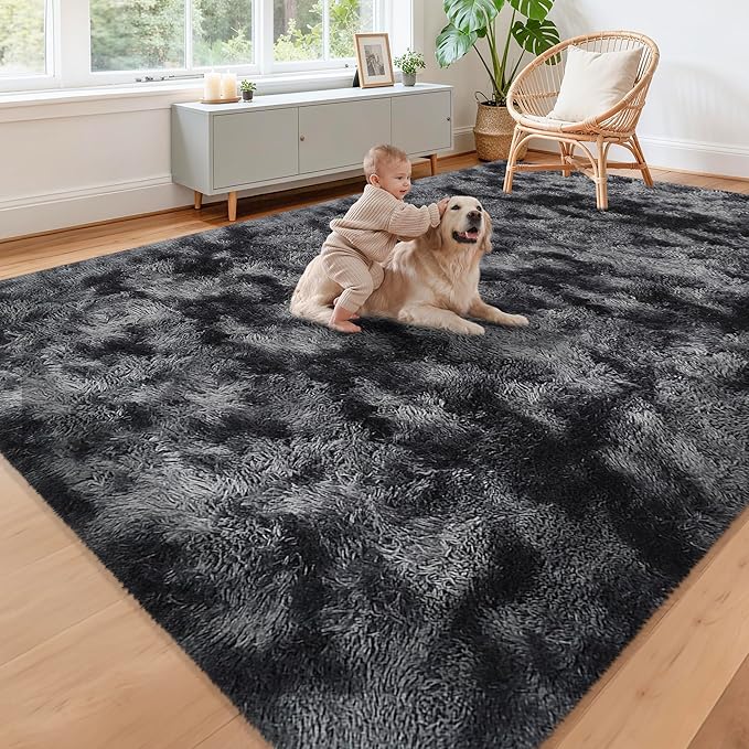 Black Grey Tie-Dyed Rug for Living Room 8x10 Fluffy Area Rug Mat Bedside Throw by JiaoBaba