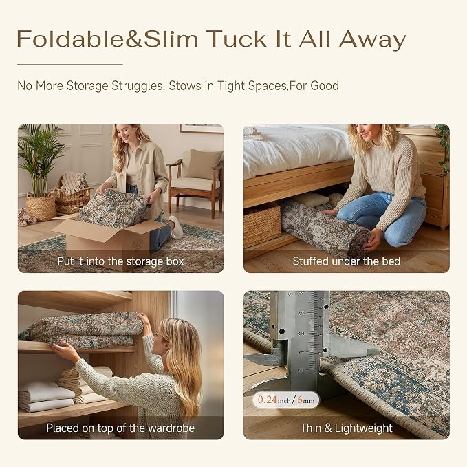 5x7 Blue Brown Retro Floral Washable Area Rug - Image 6