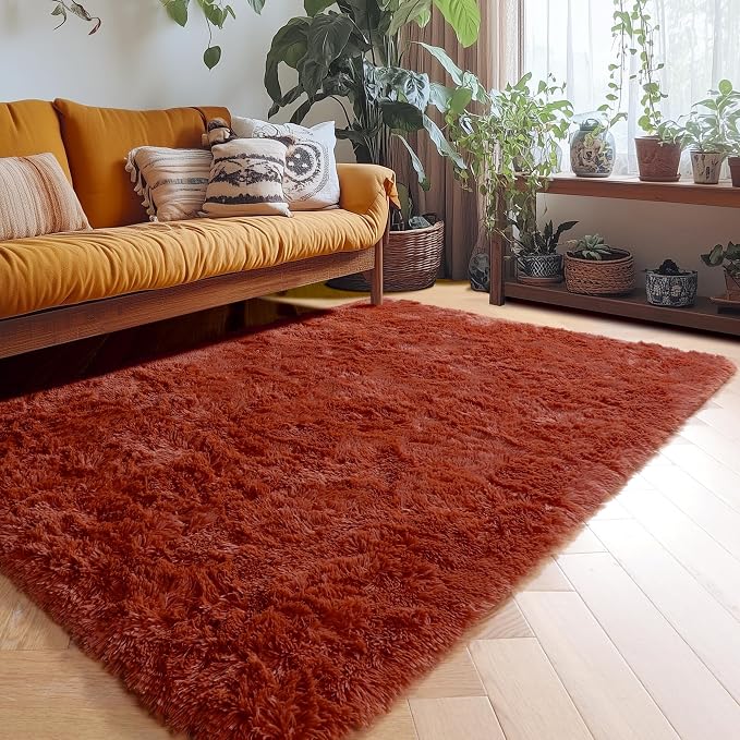 Amdrebio Terracotta Rust Furry Kids Area Rug 4x6 - Image 5