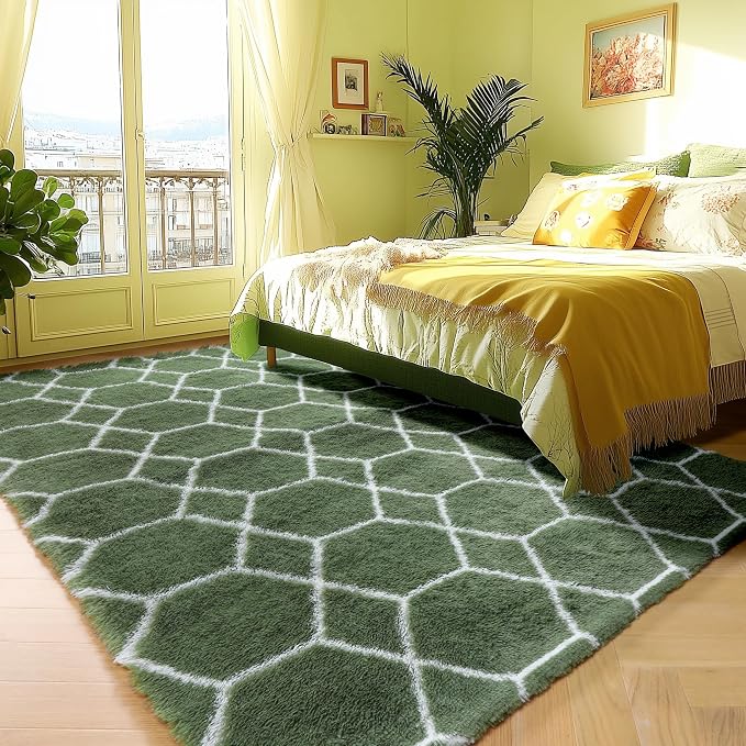 6x9 Area Rugs for Living Room Bedroom, Fluffy Olive Green and White Rug | - Image 5