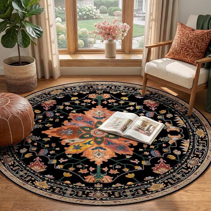 RELEANY Washable Area Rug, Round 4ft, Water Repellent, Pet Friendly, Vintage - Image 2